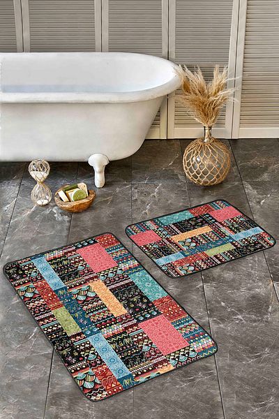 Realhomes Set of 2 Vintage Classic 2-Piece Bath Mat Set with Patchwork Motif and Rug Pattern on Colorful Floor