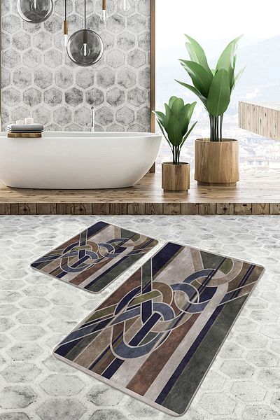 Realhomes Modern Classic 2-Piece Bathroom & Kitchen Mat Set with Modern Art Motif and Knot Pattern on Canvas Floor