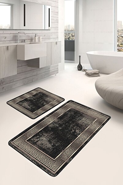 Realhomes Gold - Gold Geometric Avangarde 2-Piece Bathroom & Kitchen Mat Set with Framed Motifs on Black Floor