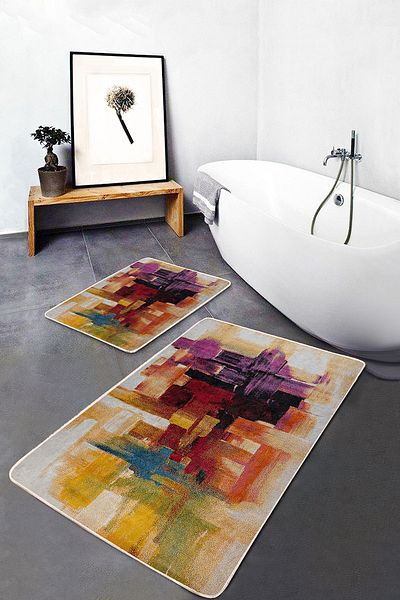 Realhomes Modern Classic 2-Piece Bathroom & Kitchen Mat Set with Paint Pattern on Painting Floor with Brush Bumps Motif