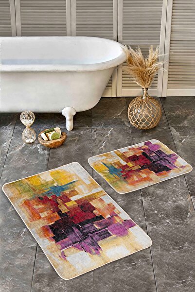 Realhomes Modern Classic 2-Piece Bathroom & Kitchen Mat Set with Paint Pattern on Painting Floor with Brush Bumps Motif