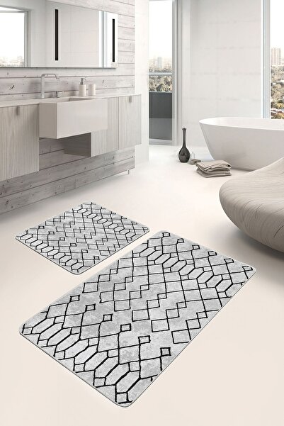Realhomes Geometric 2-Piece Bathroom Kitchen Mat Set with Ethnic Motifs on Gr...