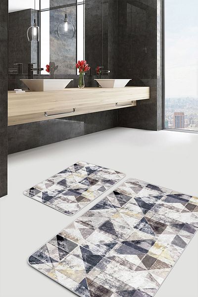 Realhomes Set of 2 Vintage 2-Piece Bath Mat Set with Triangle Motif and Geometric Antique Motif on Ecru Floor