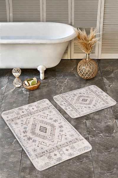Realhomes Set of 2 Retro Motif on Cream Floor Woven Pattern Avangarde Antique Motif 2-Piece Bath Mat Set