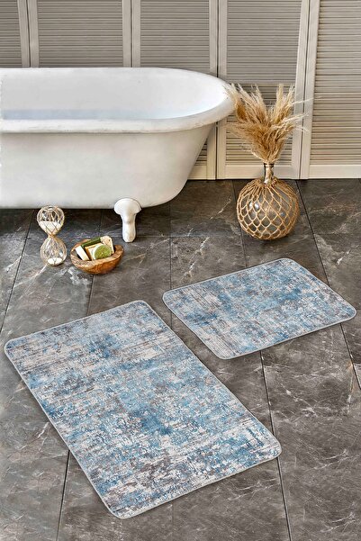 Realhomes Απλό και κομψό σετ πατάκι μπάνιου 2 τεμαχίων με μοτίβο υφαντού χαλιού σε μπλε φόντο και μοτίβο αντίκες