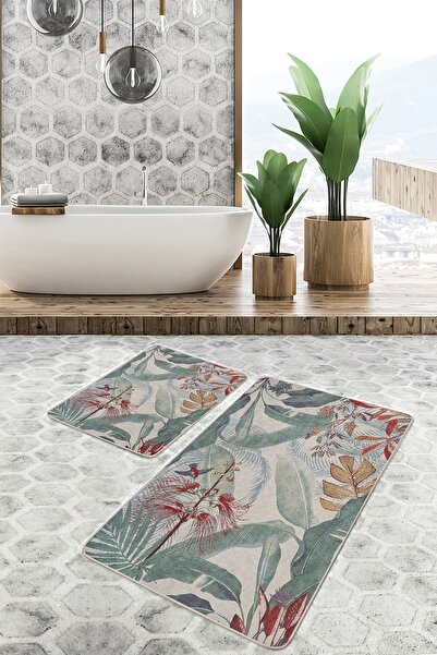 Realhomes Set of 2 Green Floor with Flower Motifs Traditional Summer & Fresh Floral 2-Piece Bath Mat Set