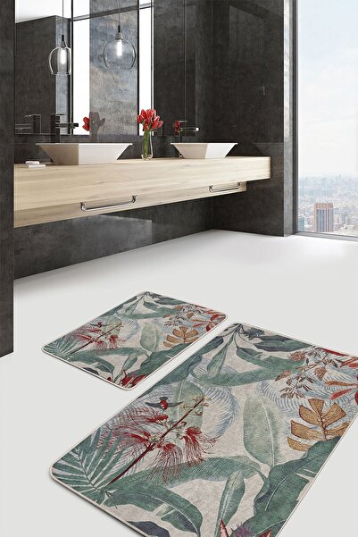Realhomes Set of 2 Green Floor with Flower Motifs Traditional Summer & Fresh Floral 2-Piece Bath Mat Set