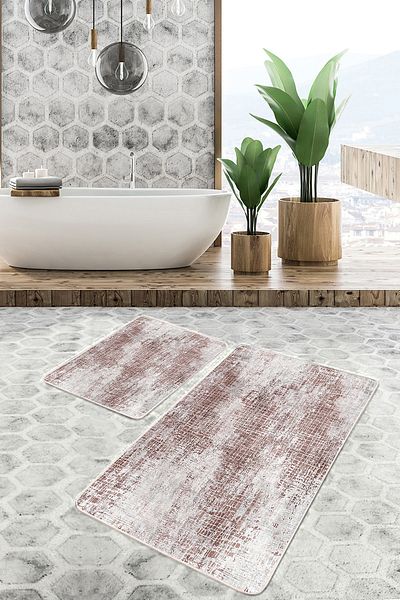 Realhomes Set of 2 Vintage 2-Piece Bath Mat Set with Beige Background Woven Carpet Motif and Antique Antique Motif
