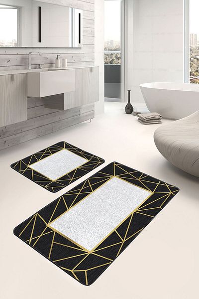 Realhomes Classic Patterned Geometric Classic 2-Piece Bathroom & Kitchen Mat Set with Framed Motifs on Black Floor