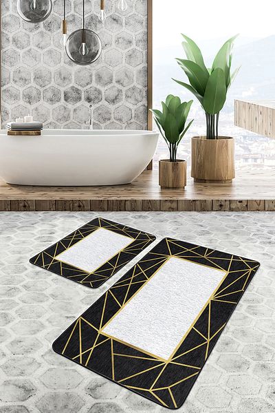 Realhomes Classic Patterned Geometric Classic 2-Piece Bathroom & Kitchen Mat Set with Framed Motifs on Black Floor