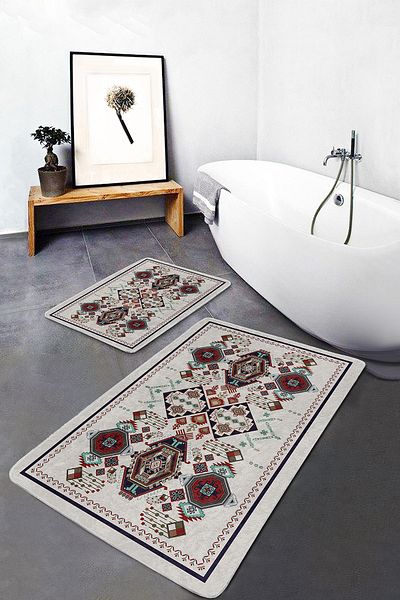 Realhomes Red - Gray Ottoman Ethnic Motifs with Authentic Motif on the Floor Vintage 2-Piece Bathroom Kitchen Mat Set