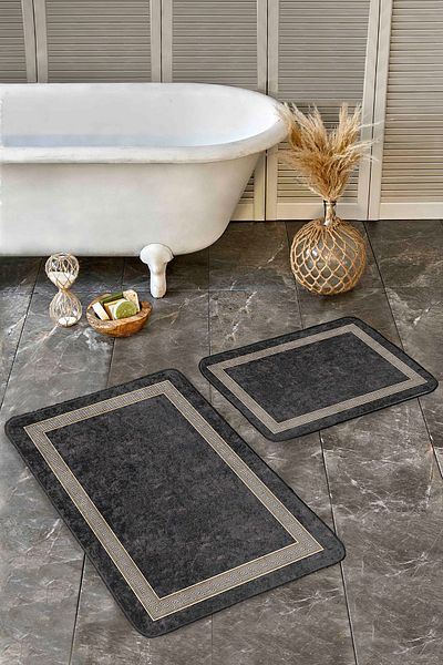 Realhomes Simple & Stylish Classic 2-Piece Bathroom & Kitchen Mat Set with Framed Motif on Smoked Floor