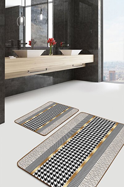 Realhomes Gold - Geometric Motif Crowbar on Black Floor Geometric Classic 2-Piece Bathroom & Kitchen Mat Set