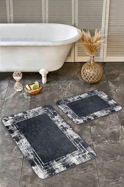 Realhomes Smoked White Framed Motif Woven Carpet Patterned Antique Vintage 2-Piece Bathroom Mat Set