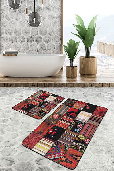 Realhomes Patchwork Motif on Black Red Floor Ethnic Vintage Ethnic Motifs 2-Piece Bathroom Kitchen Mat Set