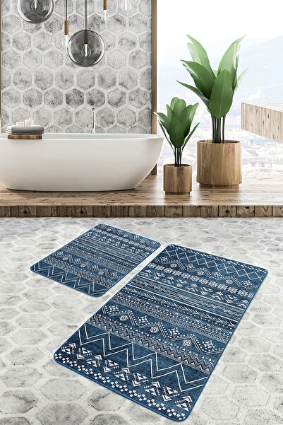 Realhomes طقم سجادة للحمام والمطبخ مكون من قطعتين بزخارف إسكندنافية ذات طابع هندسي عرقي على أرضية باللون الأزرق الداكن