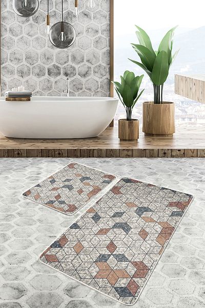 Realhomes Set of 2 Geometric Vintage 2-Piece Bath Mat Set with Mosaic Motif on Antique Floor