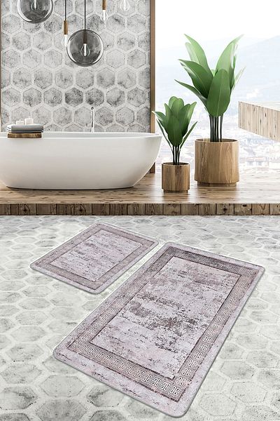 Realhomes Set of 2 Burgundy Antique Motif Frame on the Floor Antique Motif Vintage 2-Piece Bath Mat Set