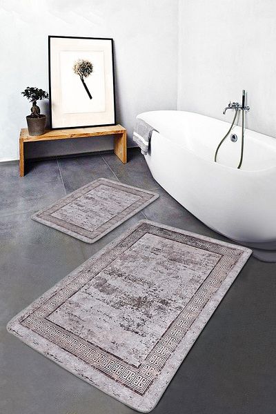 Realhomes Set of 2 Burgundy Antique Motif Frame on the Floor Antique Motif Vintage 2-Piece Bath Mat Set