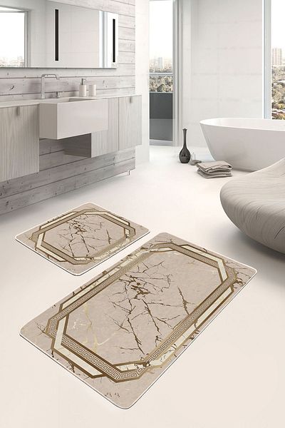 Realhomes 2-Piece Classic Avangarde 2-Piece Bathroom & Kitchen Mat Set with Frame Motif Marble Pattern on Cream Floor