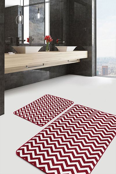 Realhomes Geometric Patterned Geometric Classic 2-Piece Bathroom & Kitchen Mat Set with Zigzag Motif on Claret Red Floor