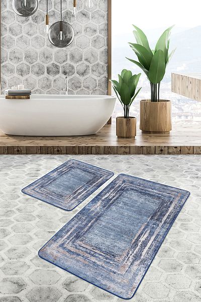 Realhomes Vintage Classic 2-Piece Bathroom & Kitchen Mat Set with Wall Motif and Frame Pattern on Light Blue Floor