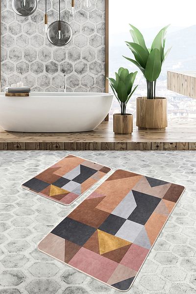 Realhomes Set of 2 Modern Geometric Classic Bathroom Mat Set of 2 with Geometric Motifs on Brown Floor