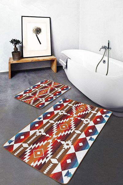 Realhomes Geometric Geometric Ethnic Motifs with Ancient Motifs on Red Background 2-Piece Bathroom & Kitchen Mat Set