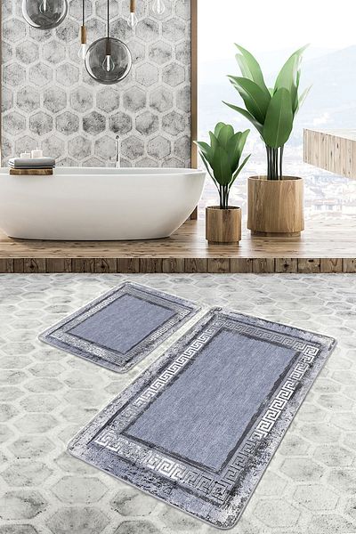 Realhomes Set of 2 Blue Background Framed Motif Antique Geometric Antique Motif 2-Piece Bath Mat Set