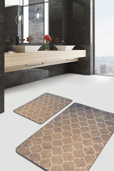 Realhomes Authentic Patterned Geometric Vintage 2-Piece Bathroom & Kitchen Mat Set with Morrocan Motif on Cream