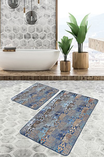Realhomes Set of 2 Gold - Canvas Motif on Blue Floor Ethnic Classic Antique M...