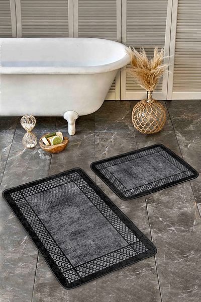 Realhomes Classic Patterned Geometric Classic 2-Piece Bathroom & Kitchen Mat Set with Framed Motifs on Black Floor