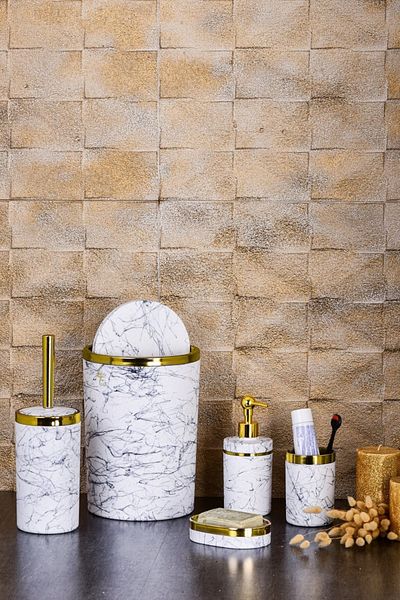 İmera 5 Piece White Bathroom Set - Acrylic Made, Round Marble-Granite Pattern