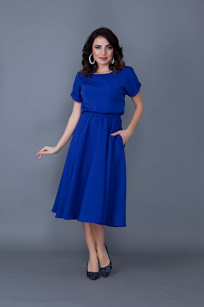 vuvutasarım Women's Flexible Atlas Fabric Waist Elastic Pocket Design Round Collar Saks Blue Evening Dress Dress 222