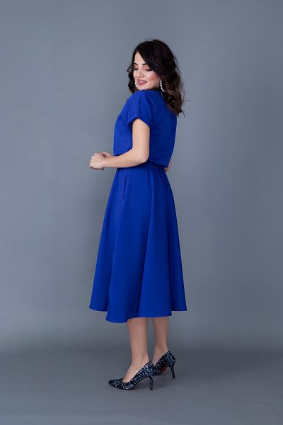 vuvutasarım Women's Flexible Atlas Fabric Waist Elastic Pocket Design Round Collar Saks Blue Evening Dress Dress 222