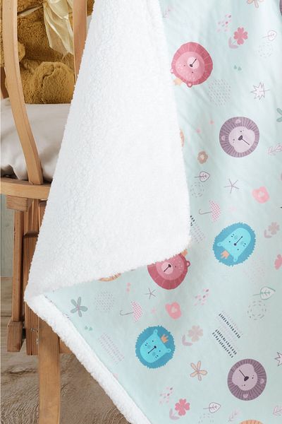 Vagonik Puffy Baby Blanket 80x80 Cm Lion Patterned Blue Melis Sheep Hair Blanket