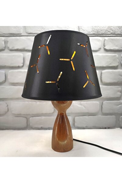 365GUNSERİSONU مصباح طاولة من القماش ذو ساق خشبية طبيعية مع قبعة