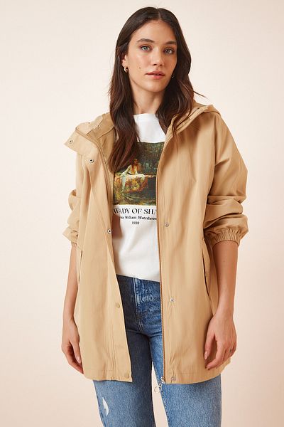 Happiness İstanbul Women's Light Biscuit Hooded Oversize Short Trench Coat RV00098