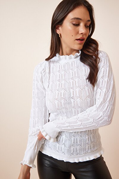 Happiness İstanbul Pulover de damă, alb, cu guler rotit cu volane, tricotaj, YY00127