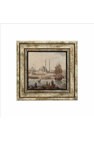 Sadrazam Eminönü Noua Moschee cu desen - Pictură din piatră naturală imprimată din epoca otomană 25cmx25cm Krt-040