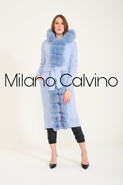 Milano Calvino Kürklü Uzun Triko Hırka ( Buz Mavisi)