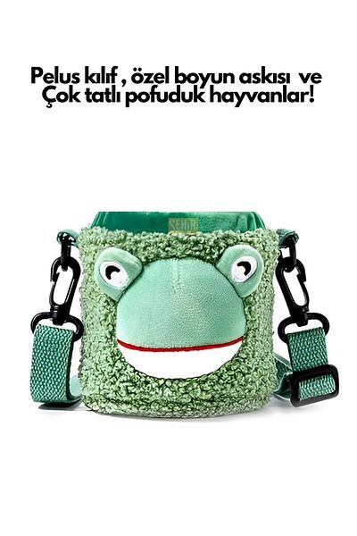DILLER 300ml Steel Thermos Children's Flask with Cute Animals Plush Cover and Neck Strap