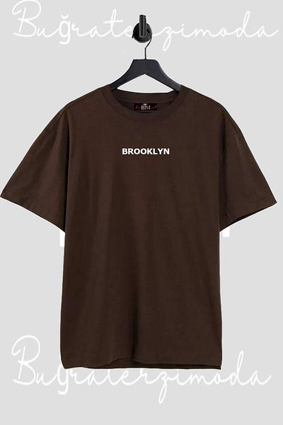 Buğraterzimoda Μπλουζάκι Brooklyn Baskılı Unisex Καφέ Oversize T-shirt
