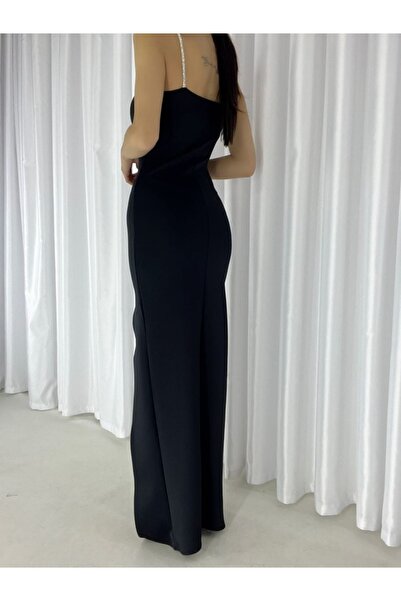 Mekafashion Stone Strap Double Breasted Neckline Slit Detail Maxsi Length Scuba Fabric Evening Dress