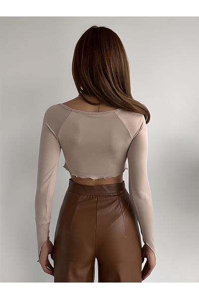 Jose Clothing Women's Front Tulle Detail Asymmetrical Cut Long Sleeve Crop Blouse