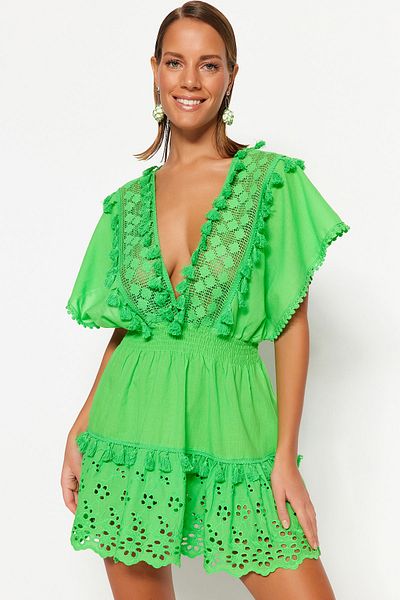 Trendyol Collection Πράσινο μίνι υφαντό κέντημα 100% βαμβακερό φόρεμα παραλίας TBESS21EL1248