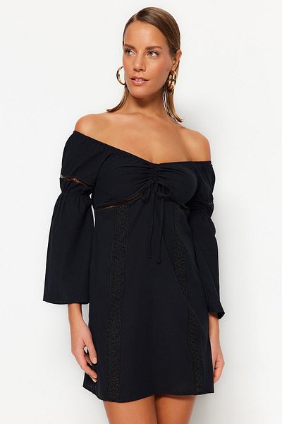 Trendyol Collection Μαύρο μίνι 100% βαμβακερό φόρεμα παραλίας με αξεσουάρ υφαντής κορδέλας TBESS23EL00207