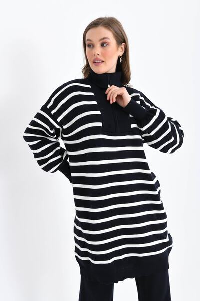 Big Line Set de damă, tunică cu dungi cu fermoar, pulover supradimensionat, p...