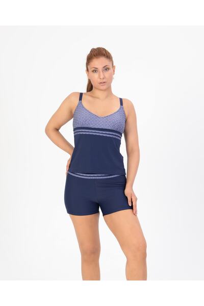 manolyabutik Kadın Lacivert Desenli Tankini