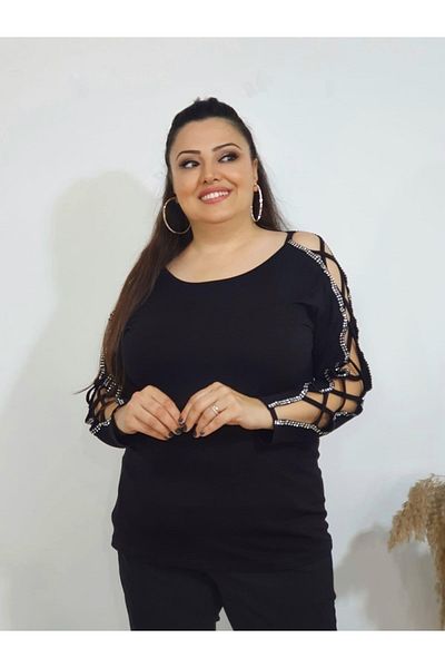 Melis Designer Μπλούζα μεγάλου μεγέθους με πέτρες στα μανίκια και σταυρωτά μπιτς
